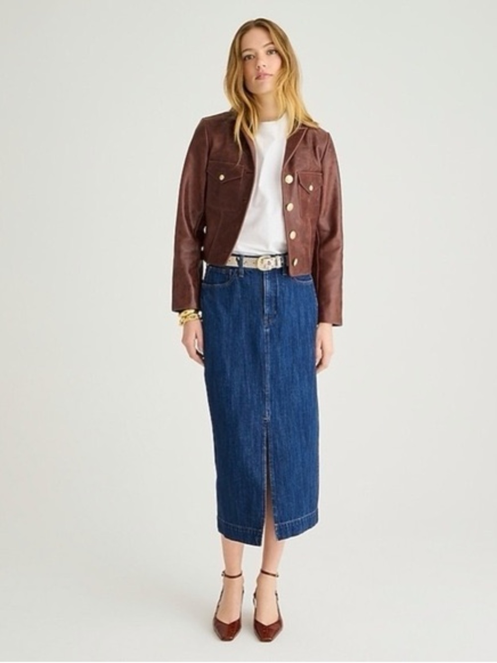 J.Crew NWT Denim Front Slit Midi Skirt in Medium Rinse Wash Women's Size 28‎